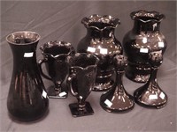 Seven pieces of vintage black amethyst glass
