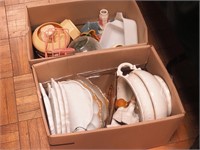 Two boxes of milk glass, kitchenware and more