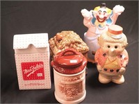 Five ceramic cookie jars: clown, gingerbread