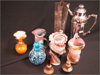 Five art glass vases from 5 1/2" to 8"; two