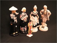 Five Weil Ware figurines: three are Asian women;