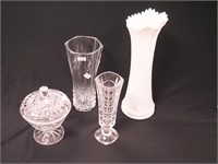 Four pieces of glass including three vases