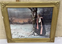 Framed painted photo - lady w/ cloak in snow