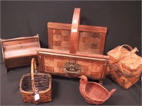Five vintage wicker items: firewood basket