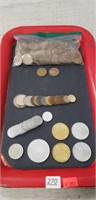 Tray  Lot Of Assorted Foreign Coins And More