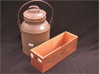 Four-quart metal cream can and a wooden