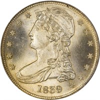 50C 1839 CAPPED BUST, LG LETTERS PCGS MS65+ CAC