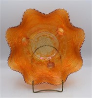 Marigold Two Flowers Carnival Glass Footed Bowl