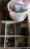 Divided wood tray & bucket of screws, nails, nuts
