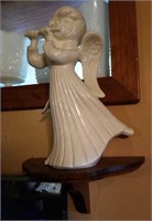 PAIR of wood shelves and 2 ceramic angels