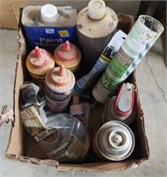 Box lot of caulk, paint thinner, WD-40, steel