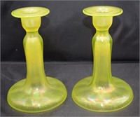 Yellow Vaseline Stretch Glass Candle Stick Holders