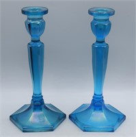 Northwood Blue Stretch Glass Candle Stick Holders