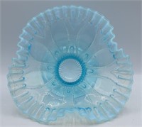 Blue Opalescent Pedestal Bowl w/ Candy Ribbon Edge