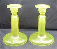 Yellow Vaseline Stretch Glass Candle Stick Holders