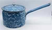 Blue Swirl Enamel 7" Handled Pot w/ Lid