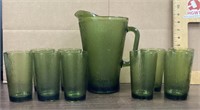 Green glass pitcher with 9 glasses