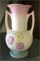 9" Hull pottery 2-handle Open Rose Camelia vase