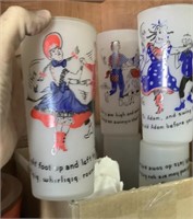 6 frosted tumblers with square dance characters