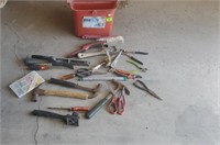 Bucket of assorted hand tools, hammers, pry bar,