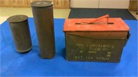 Artillery shell cartridges & metal ammo can