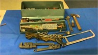 Metal tool box, wood bits, hack saw, misc tools