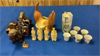 Chinese Soapstone figurines, Kutani tea pitcher &