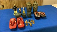 Oriential figurines, wood shoes, vases, tea set