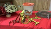 Minnow bucket, fish basket, rod holders, rope