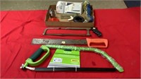 Bow Saw, corn knife, hack saw, oil items