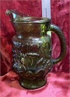 9'x5' Green Glass floral design pitcher USA