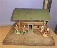 Folkart toy log cabin w/lead Indians