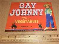 "Gay Johnny" Texas Vegetables tin sign