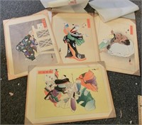 4- Japanese block prints w/back boards & tissue
