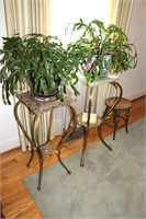 2 Marble Top Plant Stands & Plants & Wooden Stool