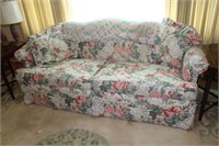 Floral Upholstered Sofa,  Afghan, 2 Pillows