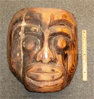 heavy carved wood mask (Cypress?) w/repair