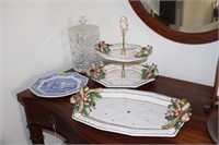 2 Christmas Trays, Glass Lidded Jar, Blue & White