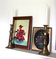 2 Candlesticks & 2 Floral Pictures