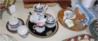 Tea Set & Pottery Tray, Lazy Susan & Contents