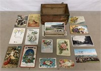 40+ Postcards in Wooden Box,Holidays,Others