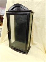 Wooden display case, glass sides and hinged door,