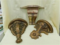3 fancy wall shelves, distressed gold paint,