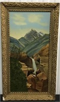 VINTAGE FRAMED PAINTING OF MOUNTAIN ROCK