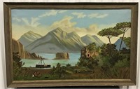 VNTG FRAMED PAINTING OF ORIENTAL WATERFRONT