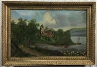 VINTAGE PAINTING CHURCH OVER WATER