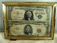 US $1 Silver Certificate & US $5 Red Seal Note