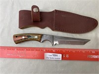Wooden Handled Cerated Blade Knife with Pouch