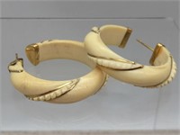 Rare 14K Carved Bone Ivory Hoop Earrings