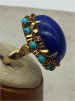 Exquisite 14K Lapis, Turquoise & Pink Spinel Ring